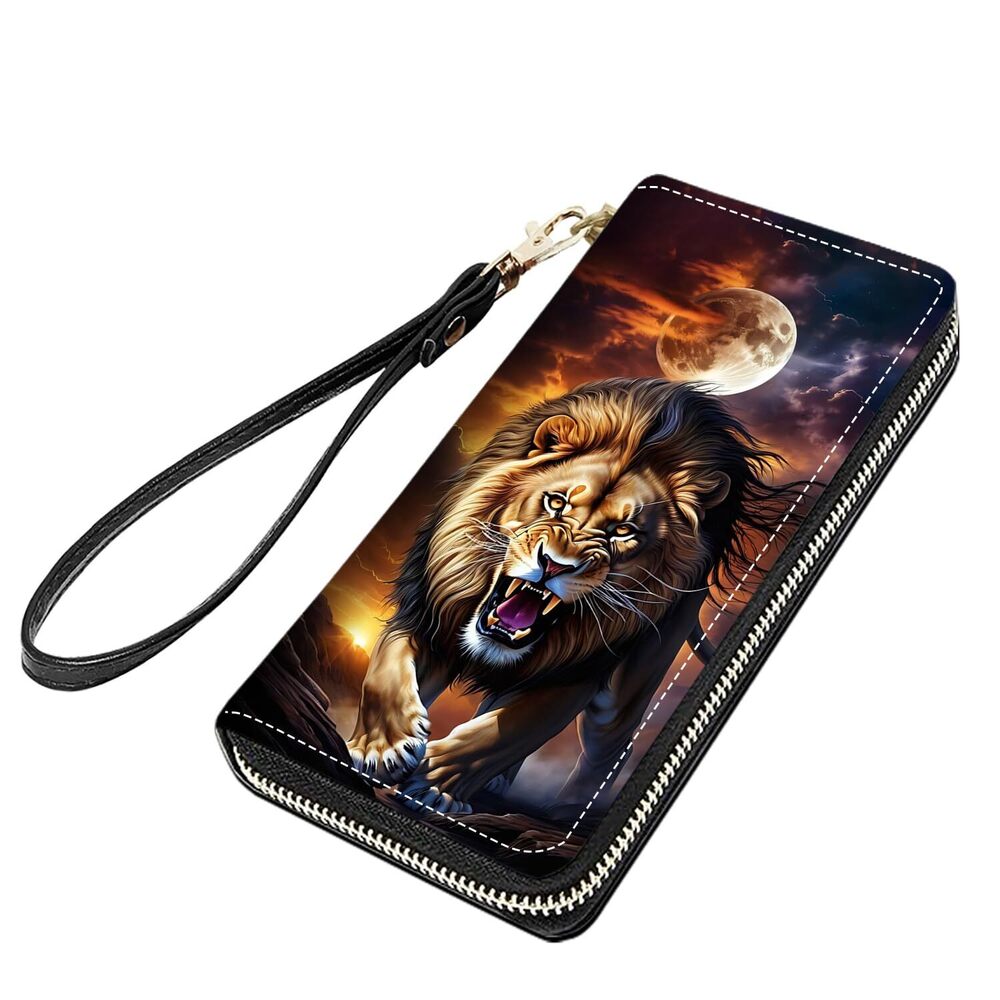 3414 Lion Under The Moon Print Large Capacity PU Leather Zip Around Wallet